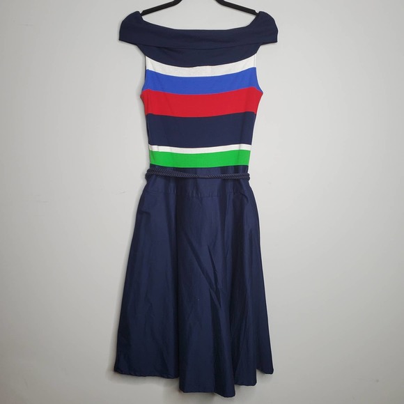 LAUREN RALPH LAUREN Navy Blue Off Shoulder Belted 100% Cotton Dress Sz Small S - Picture 5 of 5